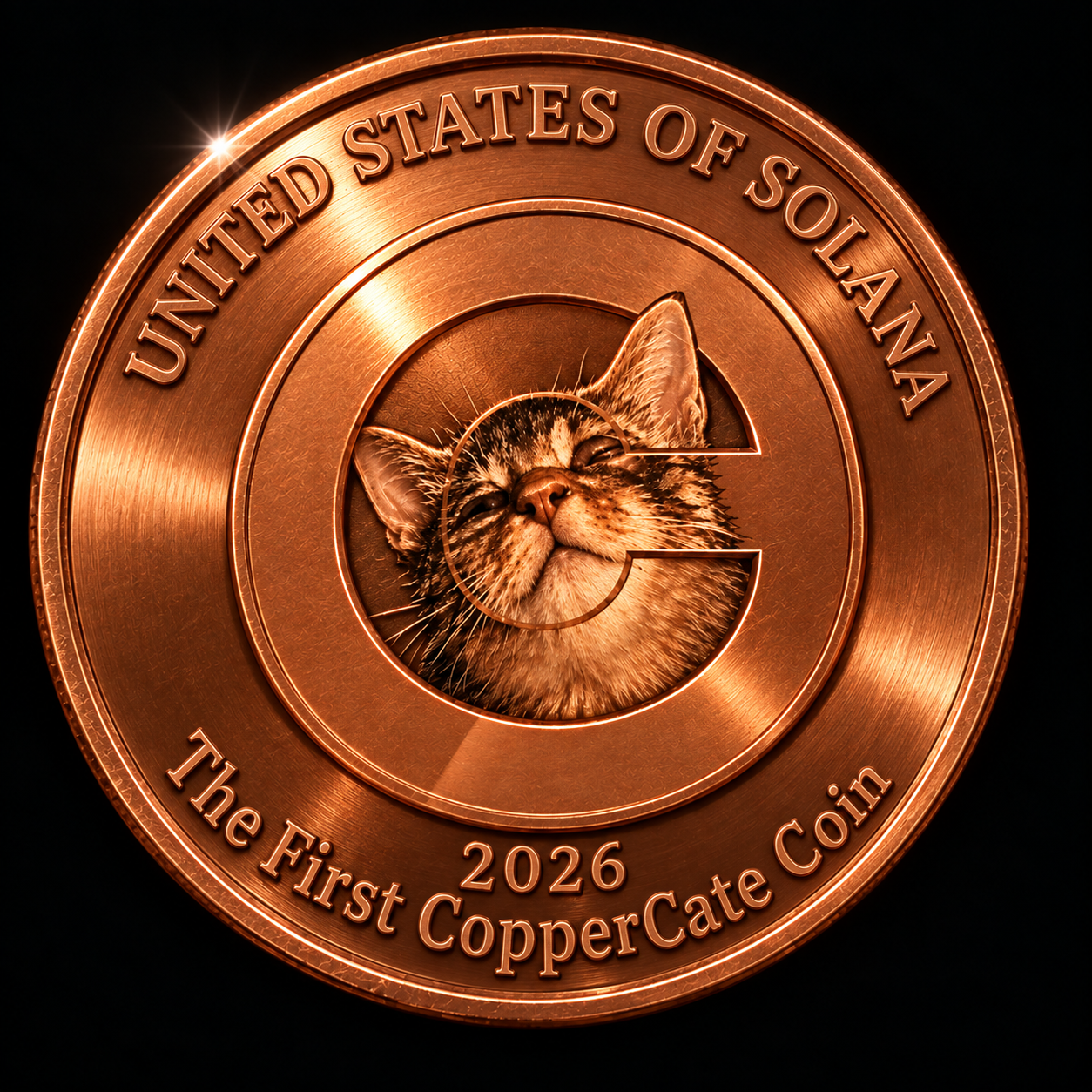 The first CopperCate coin — a copper medallion featuring a smiling cat and the words United States of Solana